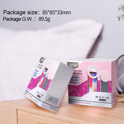 Luz de belleza recargable para selfies RK34, luz de relleno con flash y clip para selfies