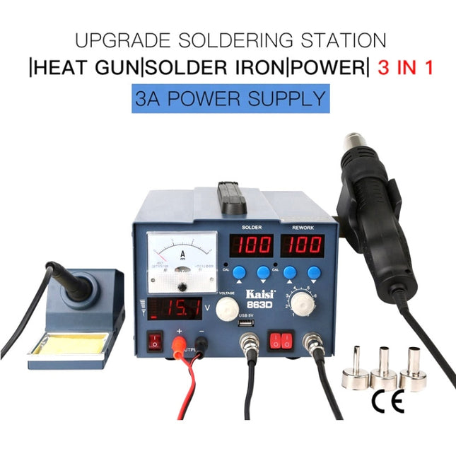 Kaisi K-863D 3 in 1 Hot Air Gun Soldering Station SMD Rework Station With 3A DC Power Supply for Phone PCB Welding Repair Machine, US Plug, K-863D, US Plug, K-863D, EU Plug