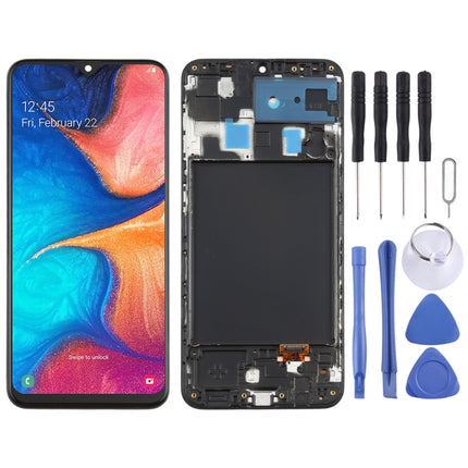 Original Super AMOLED Material LCD Screen and Digitizer Full Assembly with Frame for Galaxy A20