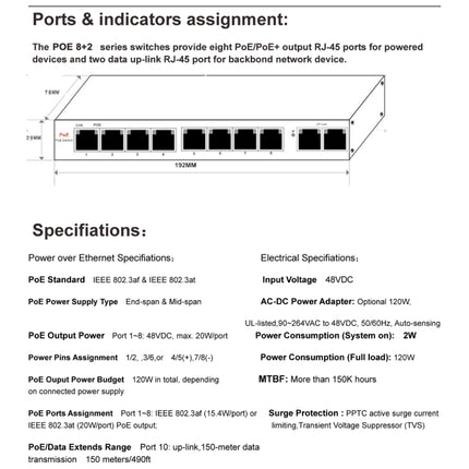 ESCAM POE 8+2 10-Port Fast Ethernet Switch 8-Port POE 10/100M 120W Network Switch, Transmission Distance: 150m