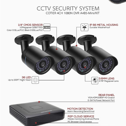 A4B5-Mini 4 Channel 720P 1.0 Mega Pixel 4 x Bullet AHD Cameras AHD DVR Kit, Support Night Vision / Motion Detection, IR Distance: 20m, A4B5-Mini Kit