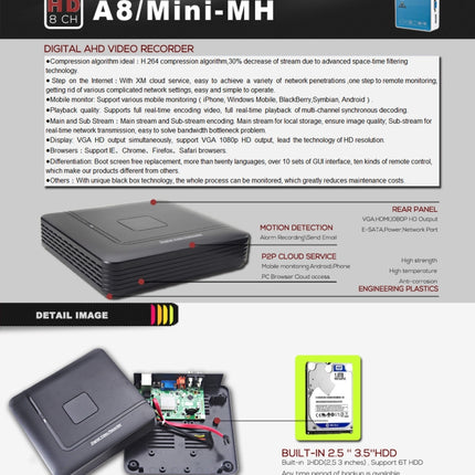 A8/Mini-MH 5 in 1 8-Channel Dual Stream H.264 1080P Mini AHD DVR, Support AHD / TVI / CVI / CVBS / IP Signal, A8/Mini-MH