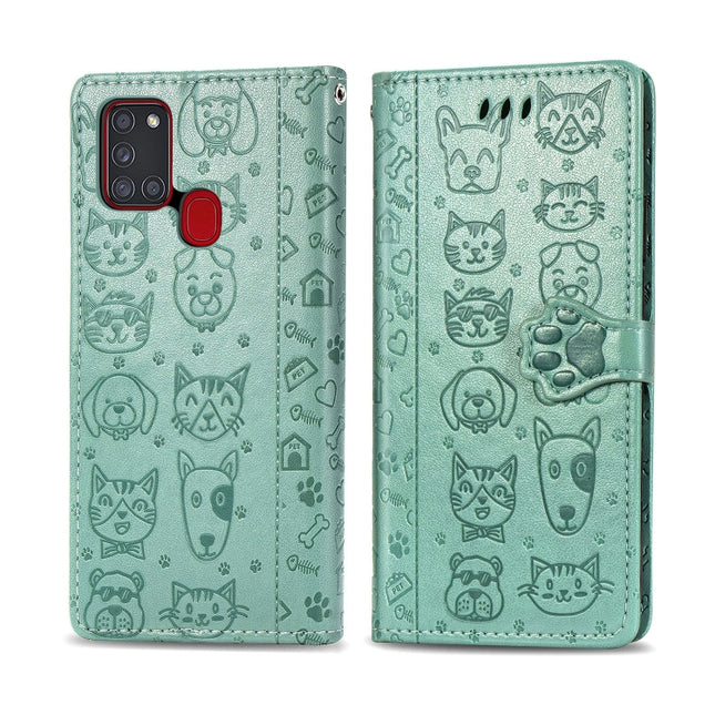 Lovely Cat and Dog Embossing Pattern Horizontal Flip Leather Case , with Holder & Card Slots & Wallet & Cartoon Clasp & Lanyard, For Galaxy A21s, For Samsung Galaxy A21s