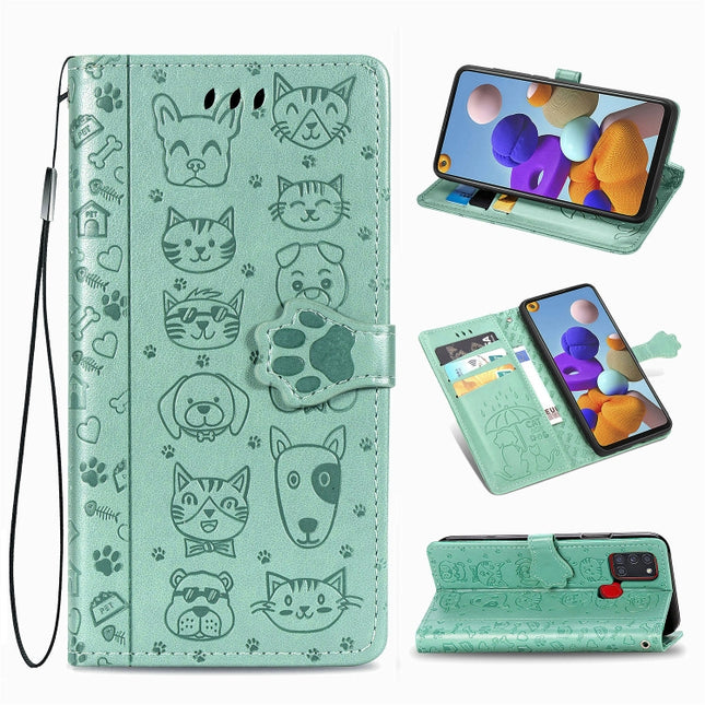 Lovely Cat and Dog Embossing Pattern Horizontal Flip Leather Case , with Holder & Card Slots & Wallet & Cartoon Clasp & Lanyard, For Galaxy A21s, For Samsung Galaxy A21s