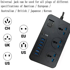 T09 3000W High Power Multi-Function Plug-in 3-Hole International Universal Jack + 6 USB Intelligent Charging, EU PLUG, US PLUG, UK PLUG