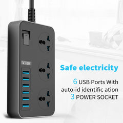 T09 3000W High Power Multi-Function Plug-in 3-Hole International Universal Jack + 6 USB Intelligent Charging, EU PLUG, US PLUG, UK PLUG