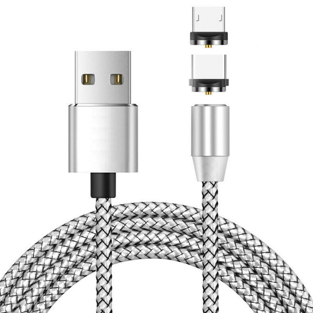 2 in 1 USB to Micro USB + USB-C / Type-C Magnetic Metal Connector Nylon Two-color Braided Magnetic Charging Cable, Cable Length: 1m, Micro USB + USB-C / Type-C