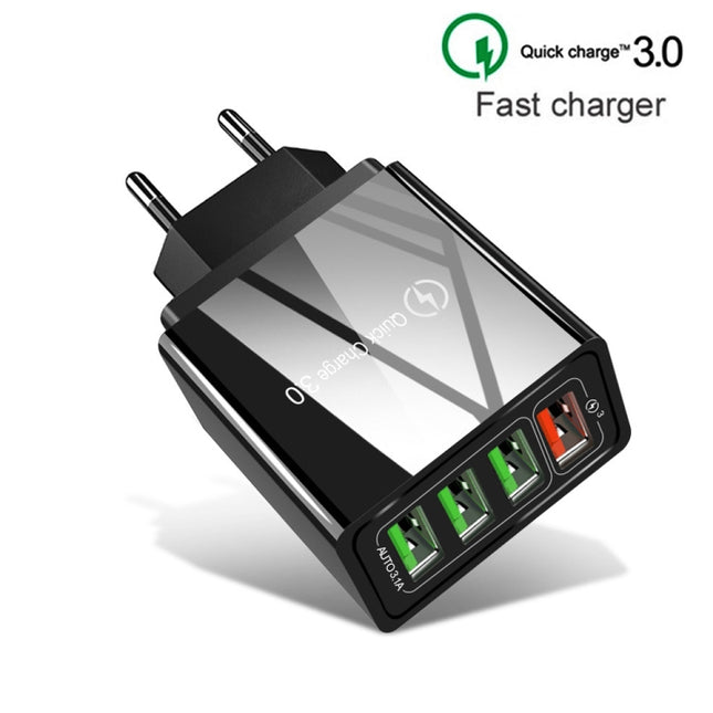 2 in 1 USB to USB-C / Type-C Data Cable + 30W QC 3.0 4 USB Interfaces Mobile Phone Tablet PC Universal Quick Charger Travel Charger Set, EU Plug, USB-C / Type-C Set EU Plug