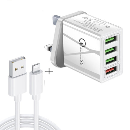 2 in 1 1m USB to 8 Pin Data Cable + 30W QC 3.0 4 USB Interfaces Mobile Phone Tablet PC Universal Quick Charger Travel Charger Set, UK Plug, 8 Pin Set UK Plug