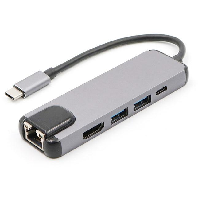 USB-C/Type-C to HD 4K HDMI + RJ45 + USB 3.0 + USB 2.0 + PD 5 in 1 HUB Converter, 5 in 1