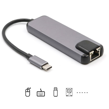 USB-C/Type-C to HD 4K HDMI + RJ45 + USB 3.0 + USB 2.0 + PD 5 in 1 HUB Converter, 5 in 1