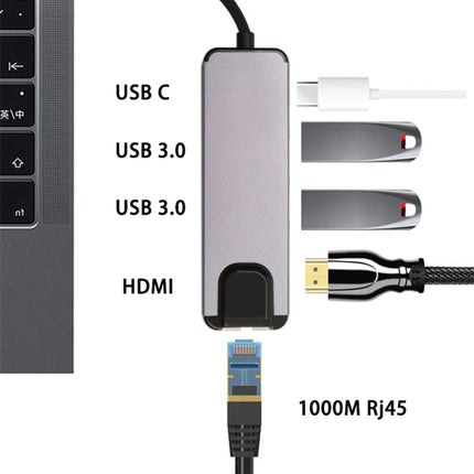 USB-C/Type-C to HD 4K HDMI + RJ45 + USB 3.0 + USB 2.0 + PD 5 in 1 HUB Converter, 5 in 1