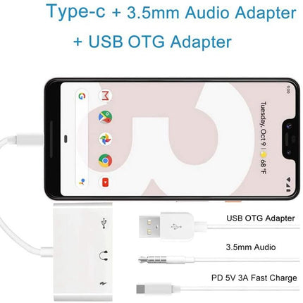 3 in 1 USB-C OTG Adapter with 3.5mm Headphone Jack, Compatible for iPad Pro and Type-C Jack Phone