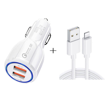 Qc3.0 Dual USB Car Charger + 8 Pin Fast Charging Line Car Charging Kit, 8 Pin (Black), 8 Pin (White)