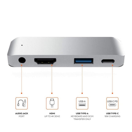 Adaptador HUB 4 en 1 Tipo-C/USB-C a HDMI + AUX + USB + PD Tipo-C/USB-C Base HD multifunción
