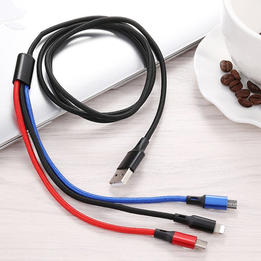 3 in 1 USB to 8 Pin + Type-C / USB-C + Micro USB Color Braided Charging Cable, Cable Length: 1.2m