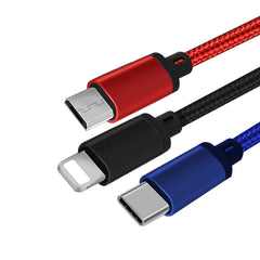 3 in 1 USB to 8 Pin + Type-C / USB-C + Micro USB Color Braided Charging Cable, Cable Length: 1.2m