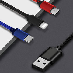 3 in 1 USB to 8 Pin + Type-C / USB-C + Micro USB Color Braided Charging Cable, Cable Length: 1.2m