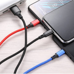 3 in 1 USB to 8 Pin + Type-C / USB-C + Micro USB Color Braided Charging Cable, Cable Length: 1.2m