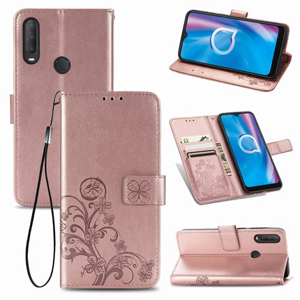 Four-leaf Clasp Embossed Buckle Mobile Phone Protection Leather Case with Lanyard & Card Slot & Wallet & Holder Function, For  Alcatel 1S (2020)