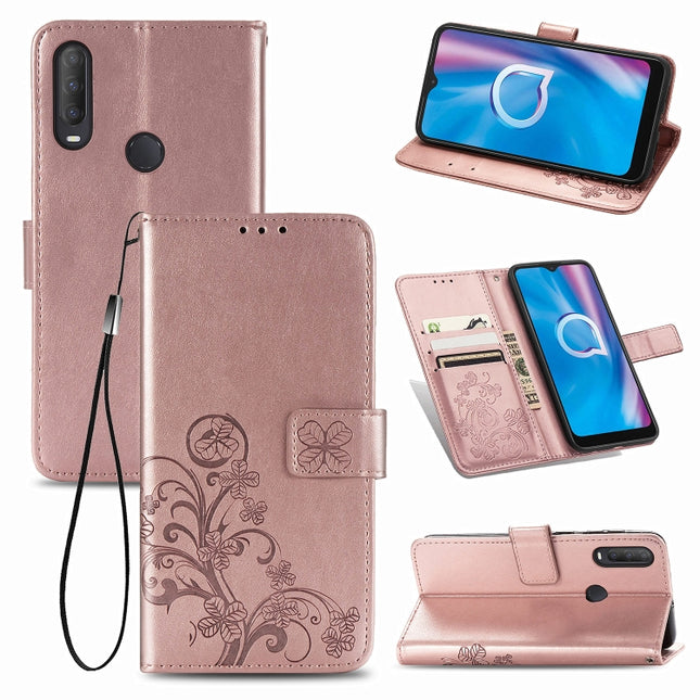 Four-leaf Clasp Embossed Buckle Mobile Phone Protection Leather Case with Lanyard & Card Slot & Wallet & Holder Function, For  Alcatel 1S (2020)