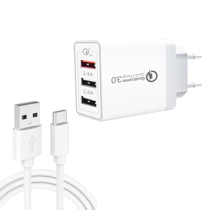 SDC-30W 2 in 1 USB to USB-C / Type-C Data Cable + 30W QC 3.0 USB + 2.4A Dual USB 2.0 Ports Mobile Phone Tablet PC Universal Quick Charger Travel Charger Set, EU Plug, with USB-C / Type-C Cable, EU Plug