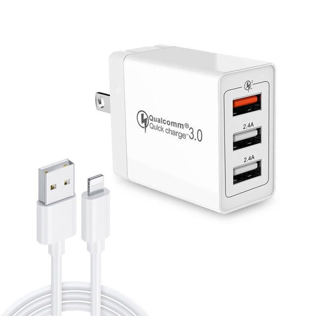 SDC-30W 2 in 1 USB to 8 Pin Data Cable + 30W QC 3.0 USB + 2.4A Dual USB 2.0 Ports Mobile Phone Tablet PC Universal Quick Charger Travel Charger Set,  US Plug, with 8 Pin Cable, US Plug