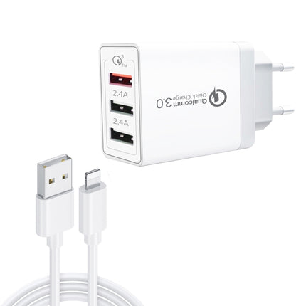 SDC-30W 2 in 1 USB auf 8 Pin Datenkabel + 30W QC 3.0 USB + 2.4A Dual USB 2.0 Ports Handy Tablet PC Universal Schnellladegerät Reiseladegerät Set, EU Stecker, mit 8 Pin Kabel, EU Stecker