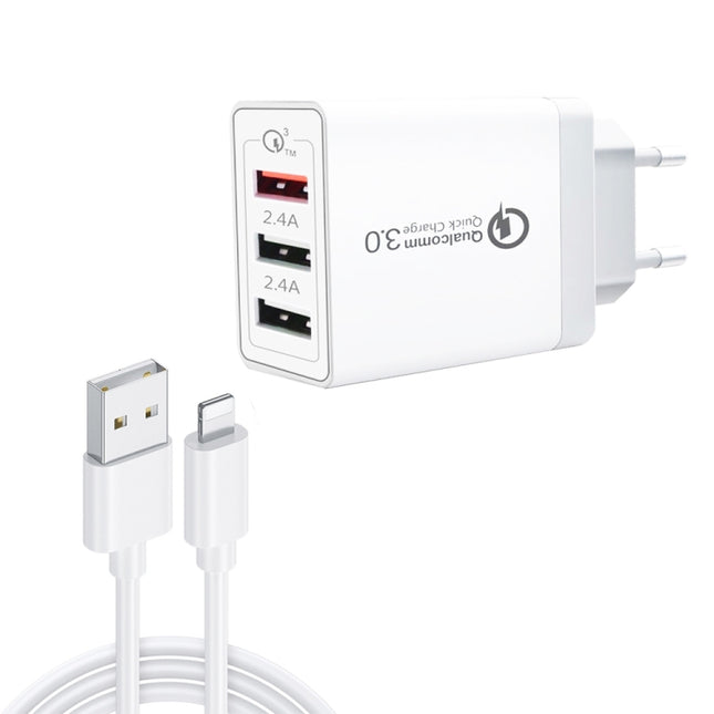 Cable de datos SDC-30W 2 en 1 USB a 8 pines + 30W QC 3.0 USB + 2.4A Puertos USB 2.0 duales Cargador rápido universal para teléfono móvil, tableta, PC, cargador de viaje, enchufe de la UE, con cable de 8 pines, enchufe de la UE