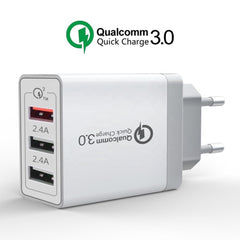 SDC-30W 2 in 1 USB to 8 Pin Data Cable + 30W QC 3.0 USB + 2.4A Dual USB 2.0 Ports Mobile Phone Tablet PC Universal Quick Charger Travel Charger Set, EU Plug, with 8 Pin Cable, EU Plug