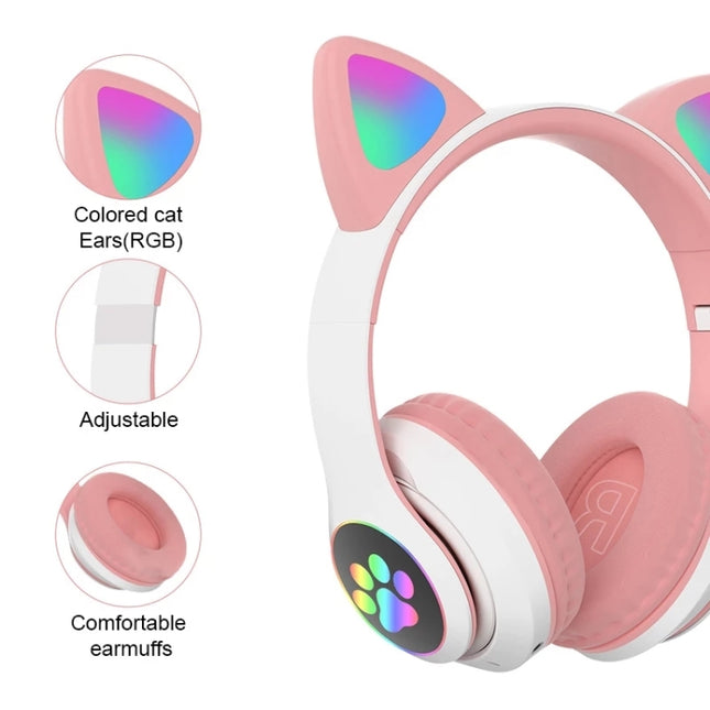 Auriculares estéreo con cancelación de ruido y graves con orejas de gato RGB de conexión dual Bluetooth 5.0 de 3,5 mm TN-28, compatibles con tarjeta TF y micrófono