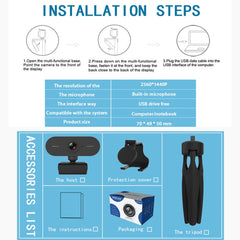 B1 4 Million Pixels 2K Resolution HD 1080P 360 Degrees Rotation Webcam with Mic & Tripod