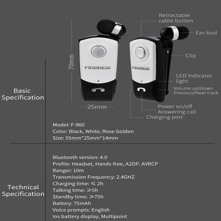 F960 CSR4.1 Retractable Cable Caller Vibration Reminder Anti-theft Bluetooth Headset, Black, White, Gold, Silver