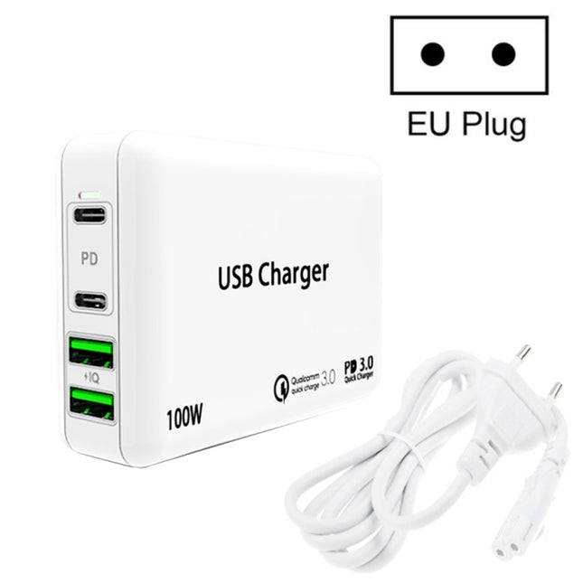 PD 100W Dual USB-C / Type-C + Dual USB 4-port Charger with Power Cable for Apple / Huawei / Samsung Laptop