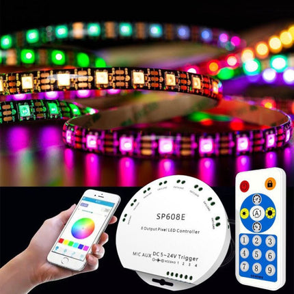 SP608E Dual Signal Output Mobile APP Control Bluetooth LED Controller Kit for WS2812B WS2811 1903 1804 Pixel LED Strip, DC5V~24V