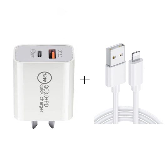 SDC-18W 18W PD 3.0 Type-C / USB-C + QC 3.0 USB Dual Fast Charging Universal Travel Charger with Micro USB to 8 Pin Fast Charging Data Cable, AU Plug, USB to 8 Pin (AU Plug)