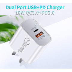 SDC-18W 18W PD 3.0 Type-C / USB-C + QC 3.0 USB Dual Fast Charging Universal Travel Charger with Micro USB to 8 Pin Fast Charging Data Cable, AU Plug, USB to 8 Pin (AU Plug)