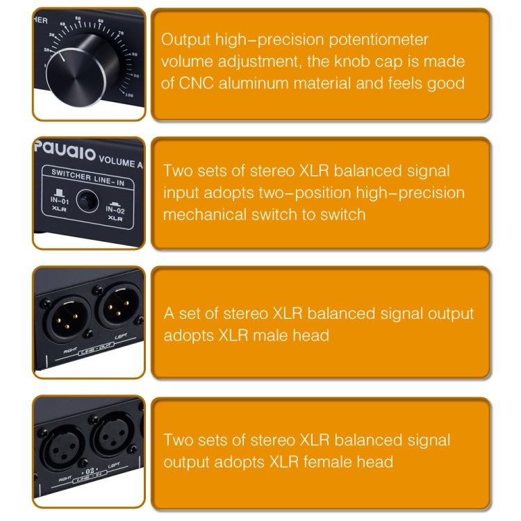 2-In 1-Out XLR Switcher Fully Balanced Passive Pre-Active Speaker Lossless Volume Control Switcher, B028