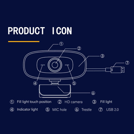 C10 2K HD Without Distortion 360 Degrees Rotate Three-speed Fill Light USB Free Drive Webcams, Built-in  Sound Clearer Microphone