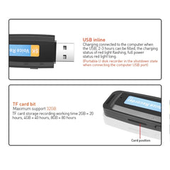 SK001 Professional Rechargeable U-Disk Portable USB Digital Audio Voice Recorder Pen Support TF Card Up to 32GB Dictaphone Flash Drive, 32GB