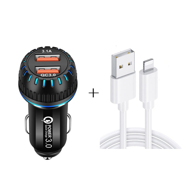 YSY-349 QC3.0 Dual Port USB Car Charger + 3A USB to 8 Pin Data Cable, Length: 1m, with 8 Pin Cable