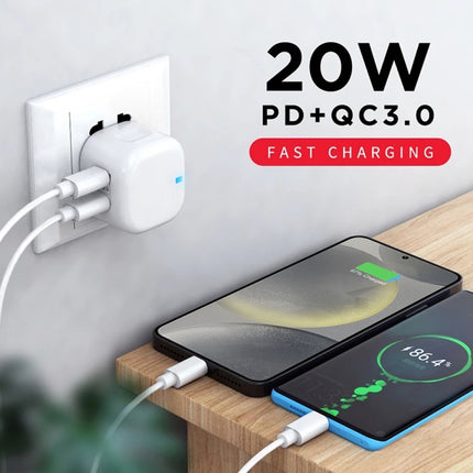 YSY-6087PD 20W PD3.0 + QC3.0 Dual Fast Charge Travel Charger with USB to Type-C Data Cable, EU Plug, US Plug, UK Plug