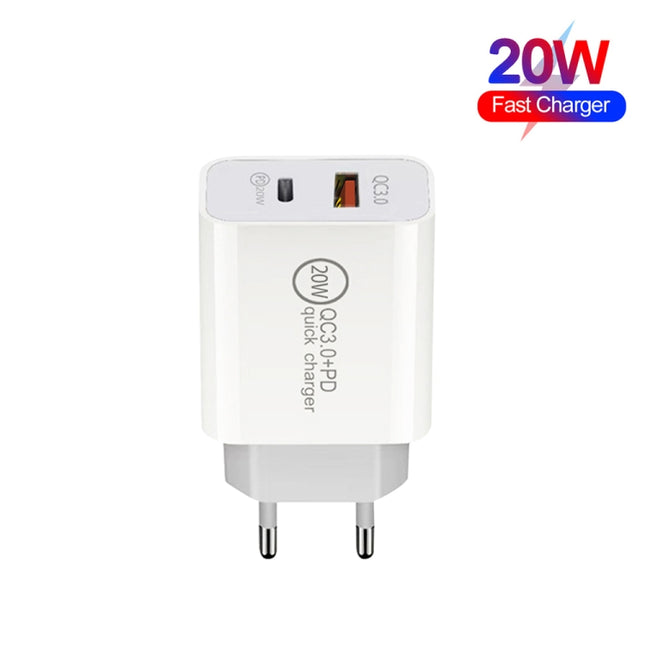 20W PD Type-C + QC 3.0 USB Interface Fast Charging Travel Charger with USB to Type-C Fast Charge Data Cable, EU Plug, US Plug, AU Plug