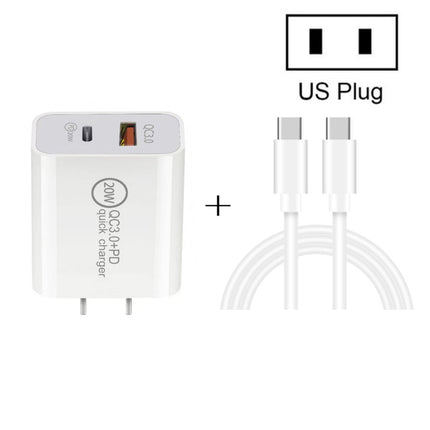 20W PD Type-C + QC 3.0 USB Interface Fast Charging Travel Charger with USB-C / Type-C to Type-C Fast Charge Data Cable, US Plug, AU Plug, EU Plug