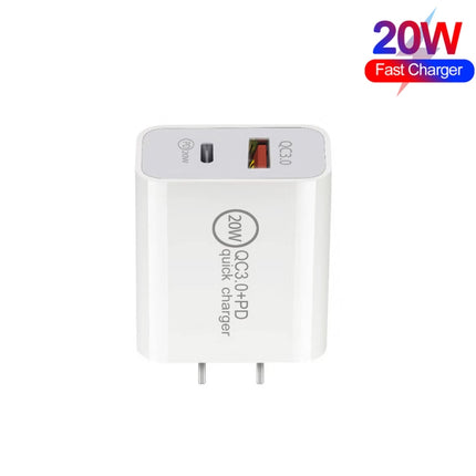 20W PD Type-C + QC 3.0 USB Interface Fast Charging Travel Charger with USB-C / Type-C to Type-C Fast Charge Data Cable, US Plug, AU Plug, EU Plug