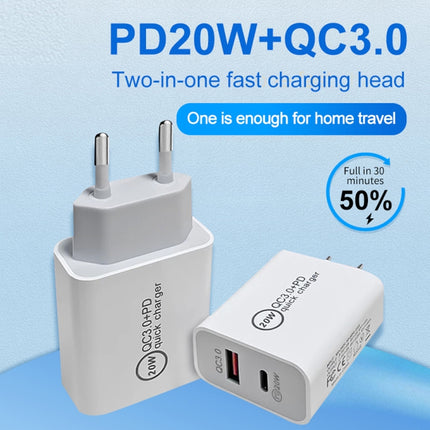 20W PD Type-C + QC 3.0 USB Interface Fast Charging Travel Charger with USB-C / Type-C to Type-C Fast Charge Data Cable, US Plug, AU Plug, EU Plug