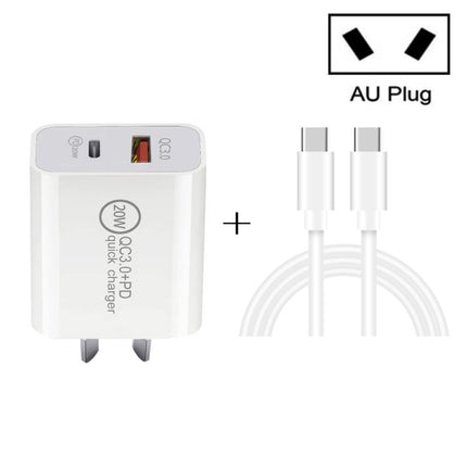 20W PD Type-C + QC 3.0 USB Interface Fast Charging Travel Charger with USB-C / Type-C to Type-C Fast Charge Data Cable, US Plug, AU Plug, EU Plug