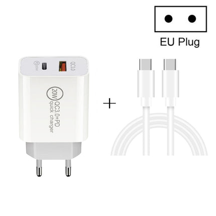 20W PD Type-C + QC 3.0 USB Interface Fast Charging Travel Charger with USB-C / Type-C to Type-C Fast Charge Data Cable, US Plug, AU Plug, EU Plug