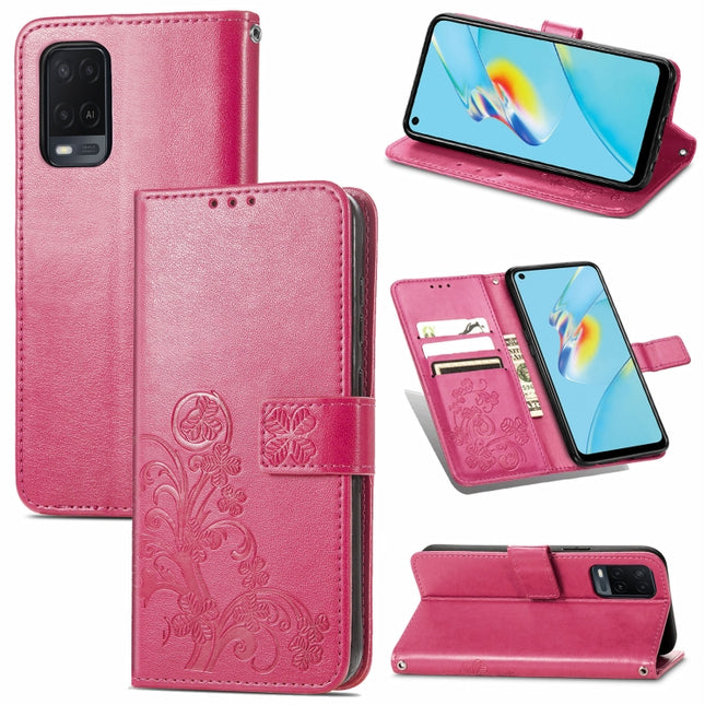 Four-leaf Clasp Embossed Buckle Mobile Phone Protection Leather Case with Lanyard & Card Slot & Wallet & Bracket Function, For OPPO A54  4G, For OPPO A94 5G, For OPPO A94 4G/ F19 Pro, For OPPO Realme 8 / 8 Pro, For OPPO Realme 8 5G / Realme V13 5G