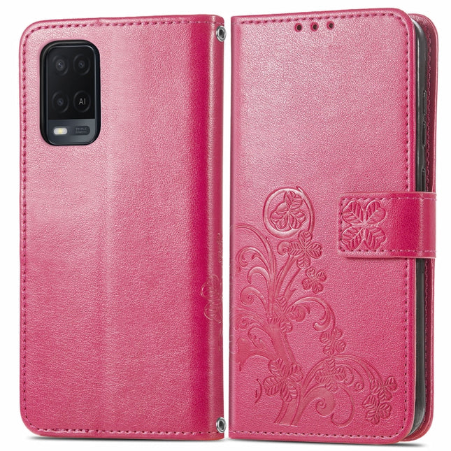 Four-leaf Clasp Embossed Buckle Mobile Phone Protection Leather Case with Lanyard & Card Slot & Wallet & Bracket Function, For OPPO A54  4G, For OPPO A94 5G, For OPPO A94 4G/ F19 Pro, For OPPO Realme 8 / 8 Pro, For OPPO Realme 8 5G / Realme V13 5G